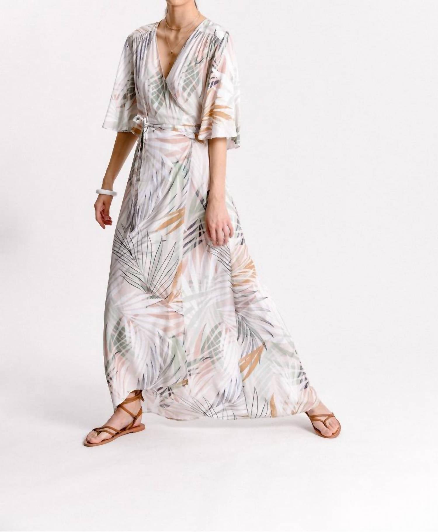 Printed Sunset Palm Wrap Dress