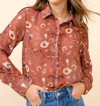 Blue B Western Print Chiffon Button Up Blouse in russet brown - women's blouse - view 6