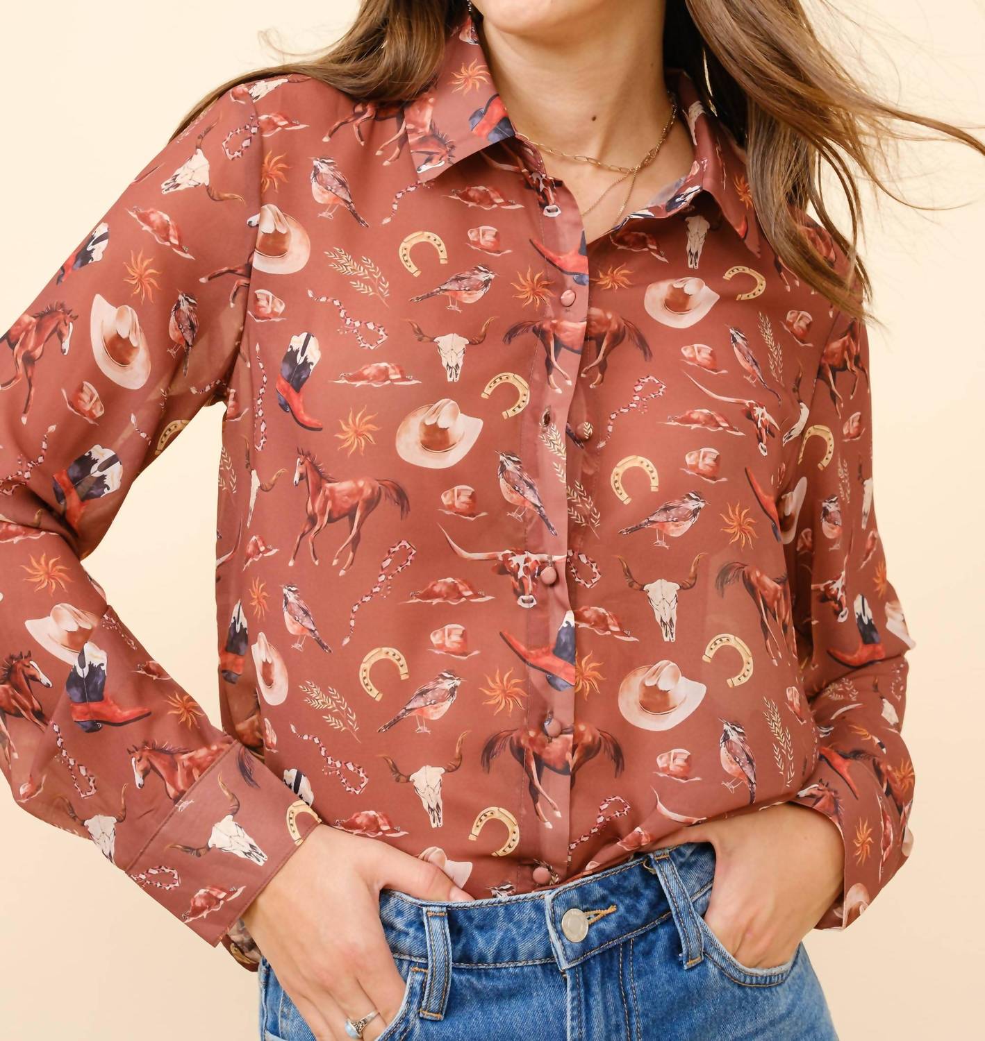 Blue B Western Print Chiffon Button Up Blouse in russet brown - women's blouse - view 6