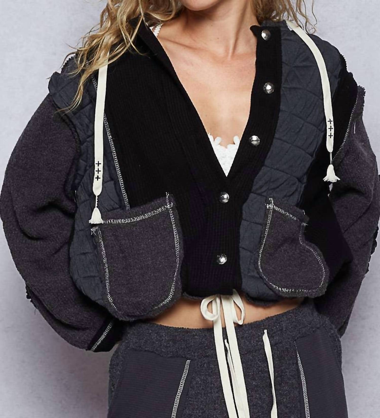 POL Hooded Button Down Combo Shacket in charcoal black - women's jacket - view 5