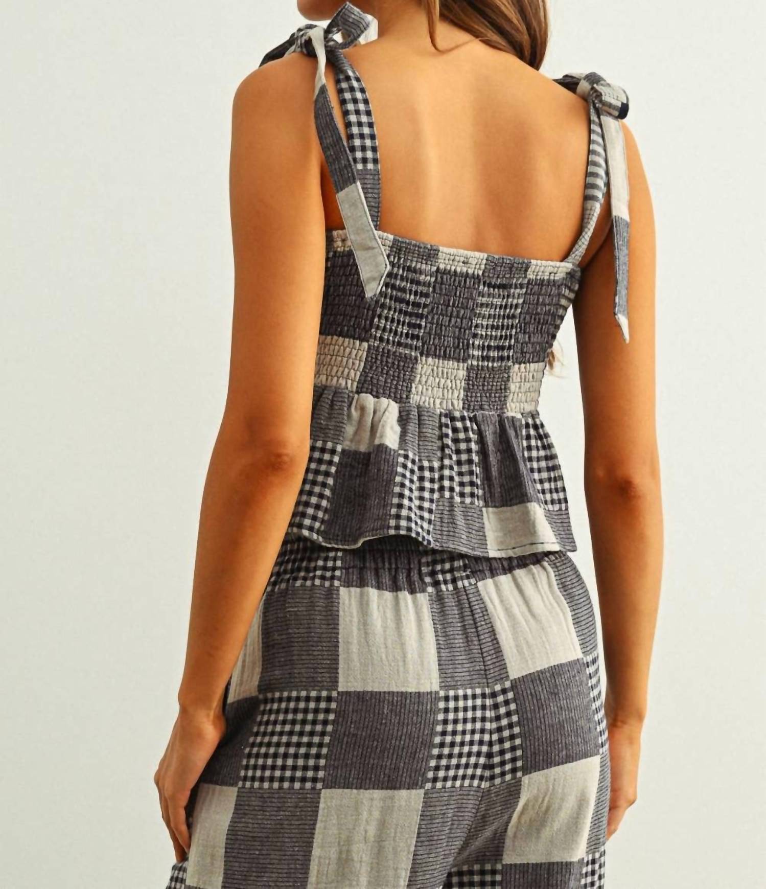 MIOU MUSE Gingham Patch Effect Top in navy - women's shirt - view 4