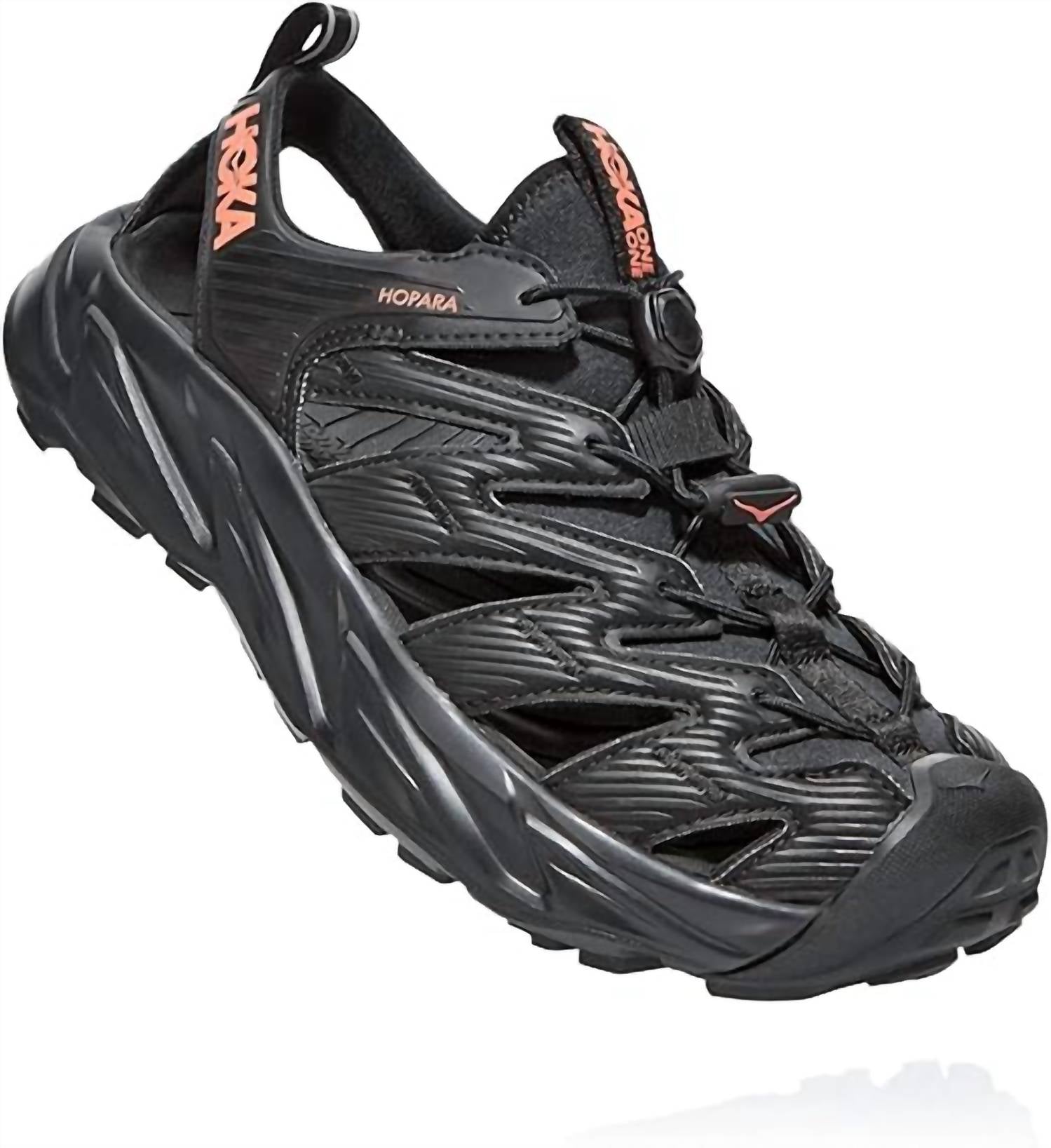 Hoka Women's Hopara Hiking Sandals in black fusion coral 1 - women's sandal