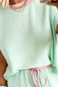 Shewin - Soft Ribbed Color Block Trim Casual Short Set