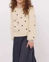 Sadie & Sage Star Embroidered Sweater Top in cream navy - kids' sweater - detail view