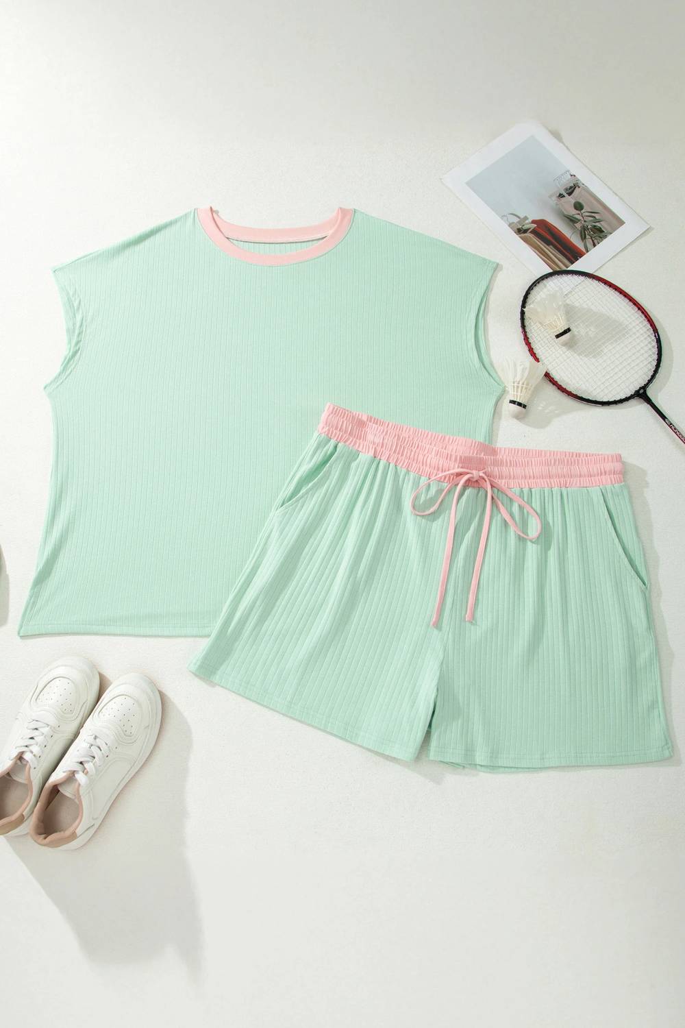 Dear Lover - Ribbed Color Block Trim Drawstring Shorts 2-Piece Set - Plus