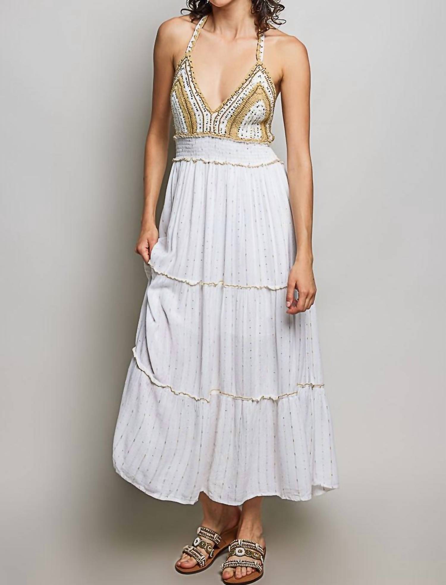 Pol - Corfu Crochet Sequin Metallic Halter Maxi Dress
