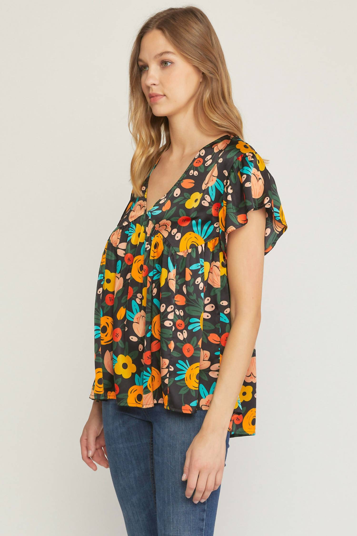 Entro - Floral Babydoll Flutter Sleeve Top