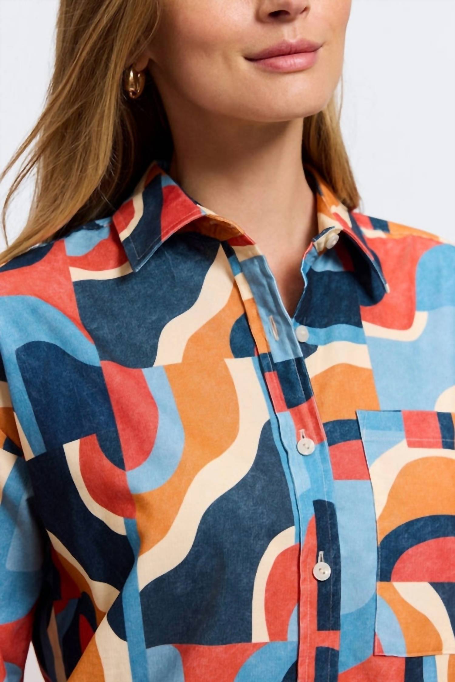 Foxcroft Marina Long Sleeve Corduroy Top in mid century art - women's long sleeve top - alternate view