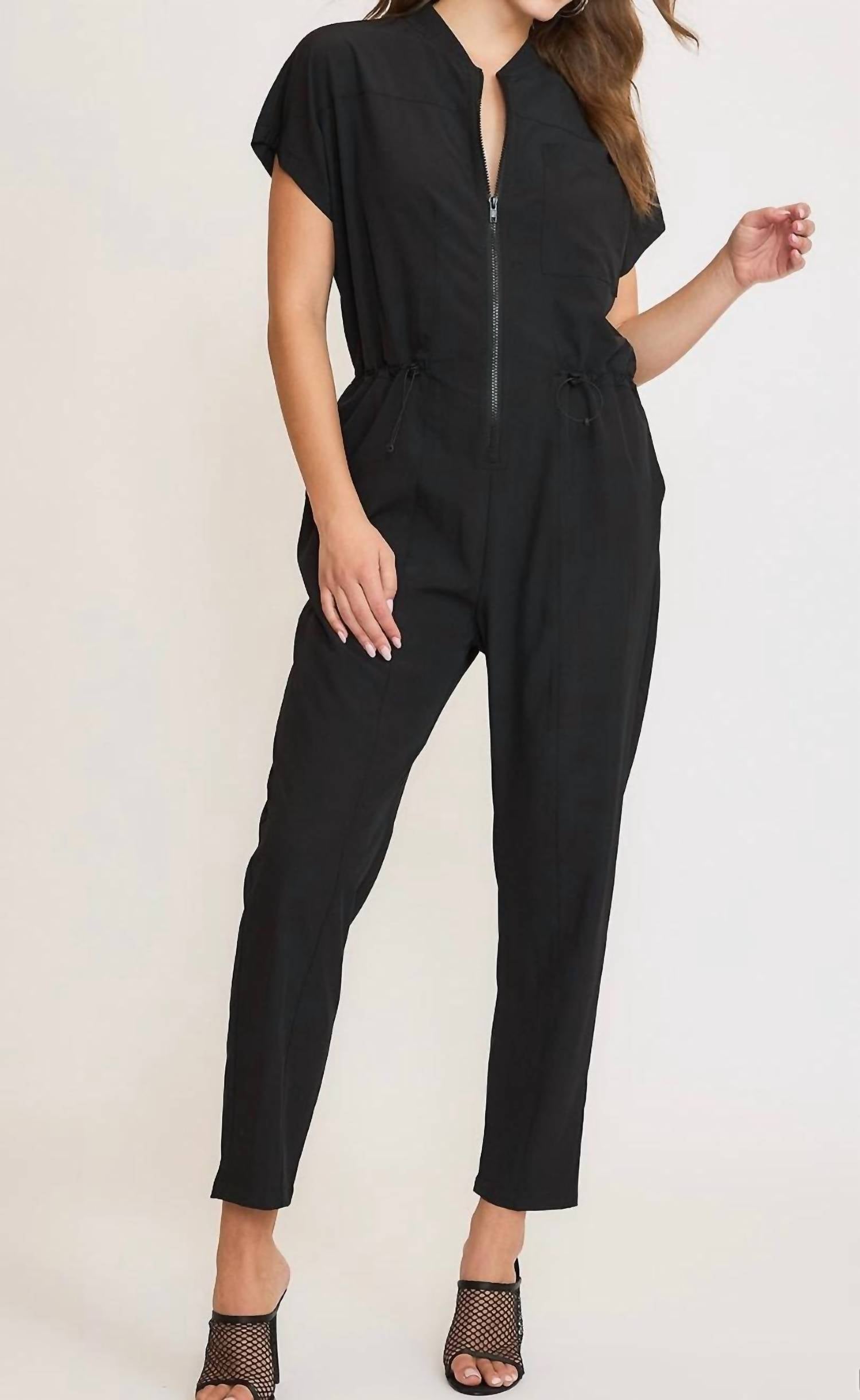 Umgee - Utility Drawstring Waist Jumpsuit