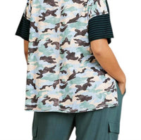 umgee Camo And Striped Top in peach green - women's t-shirt - detail view