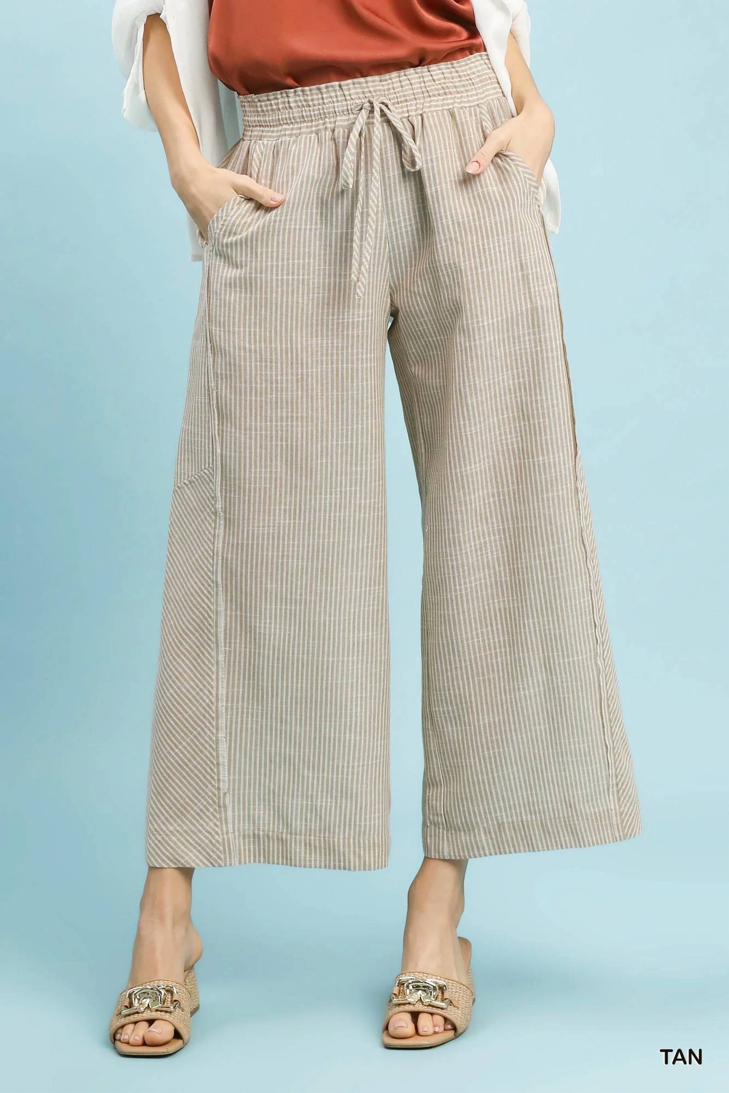 Umgee - Linen-Cotton Stripe Wide Leg Pants