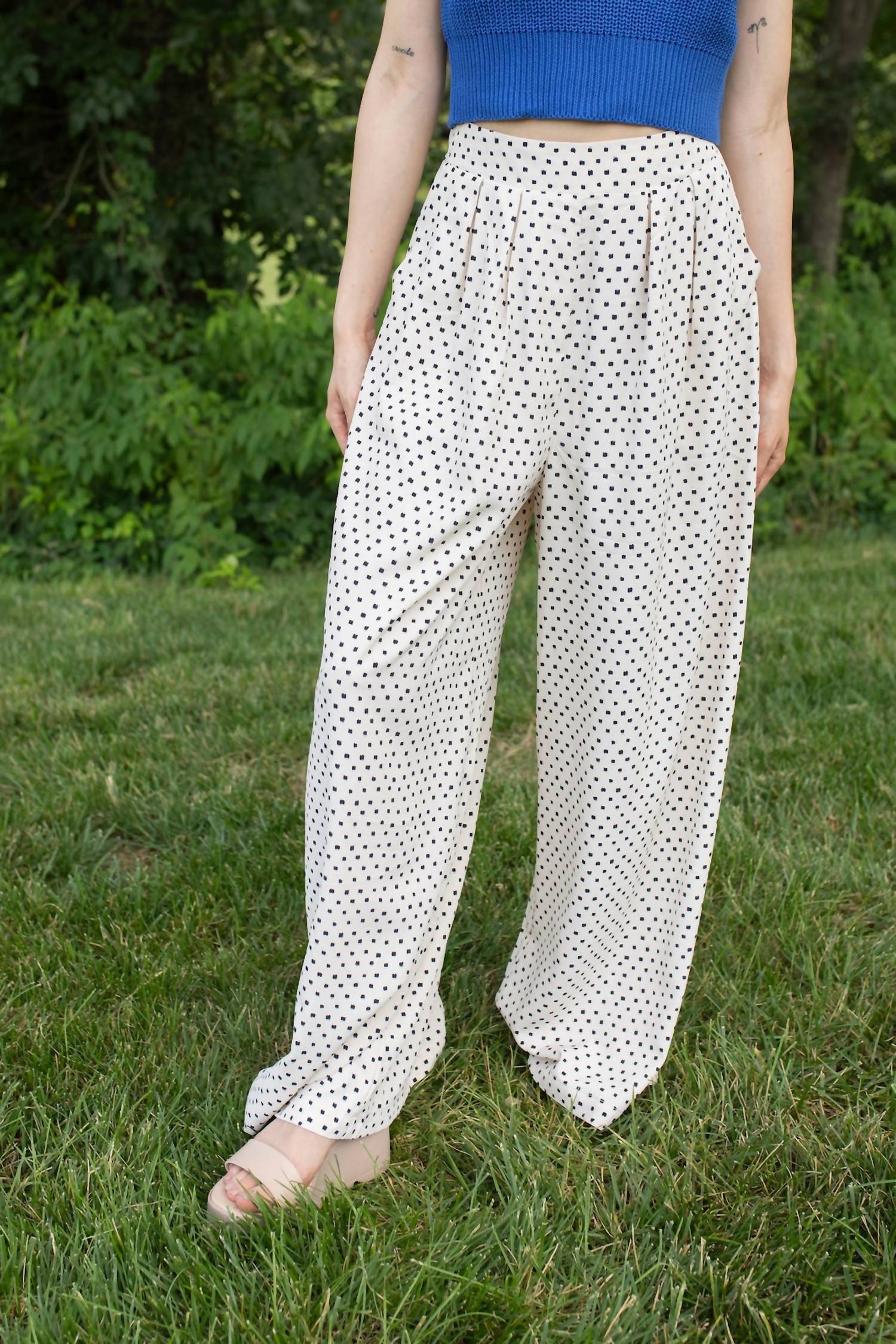 DAVI & DANI Pleated Dot Wide Leg Pants in cream black - women's pants - detail view
