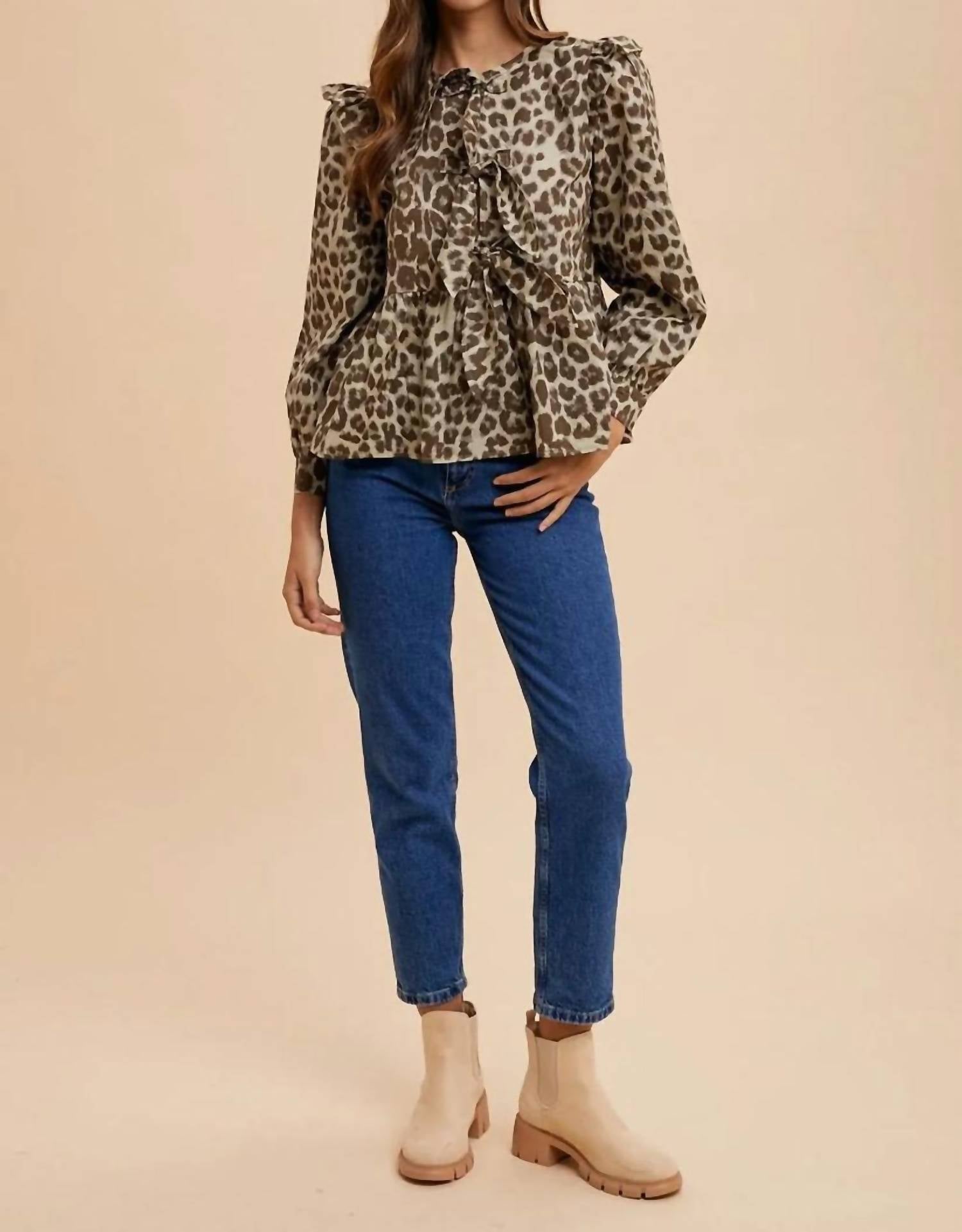 Anniewear - Becca Tied Leopard Peplum Blouse