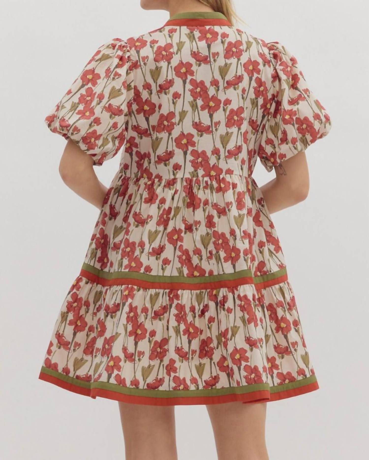 Entro - Floral Print Short Bubble Sleeve Mini Dress