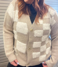 Adora - Button Down Puff Checker Sweater Cardigan
