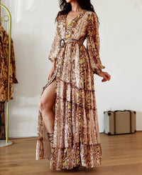 Little Secret Of Mine - Snake Print Maxi Dress With Slit And Long Sleeves