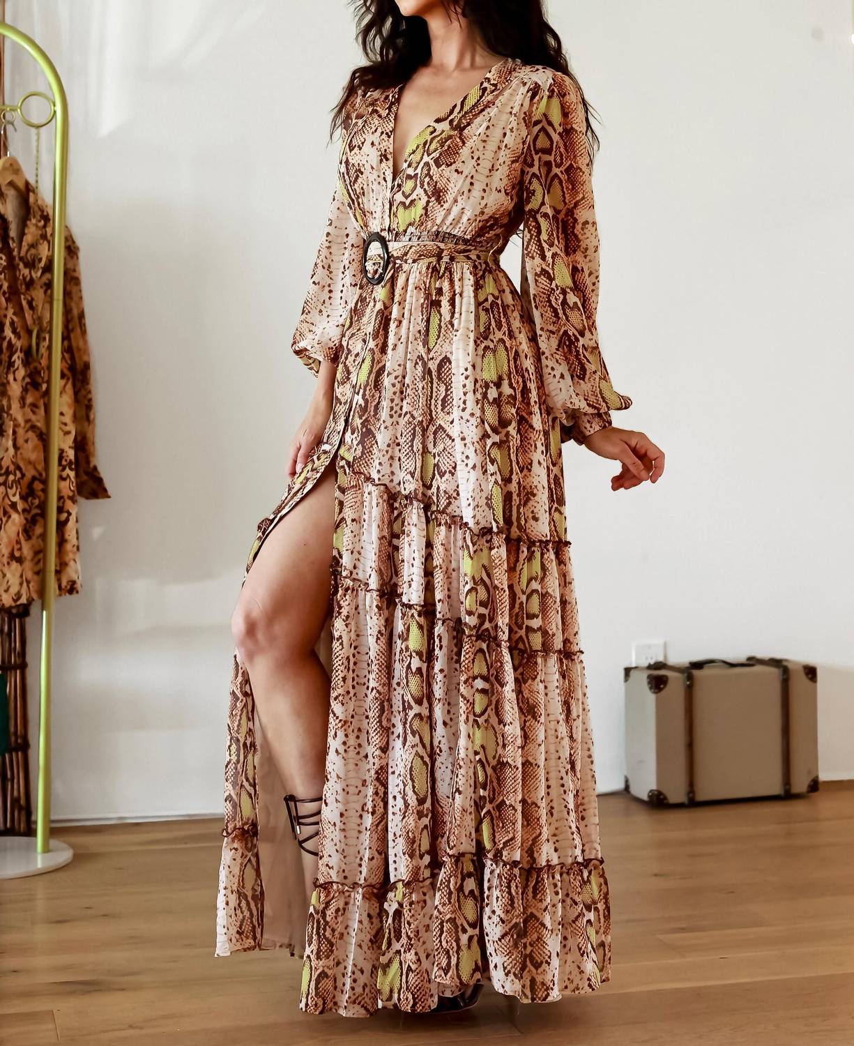 Little Secret Of Mine - Snake Print Maxi Dress With Slit And Long Sleeves