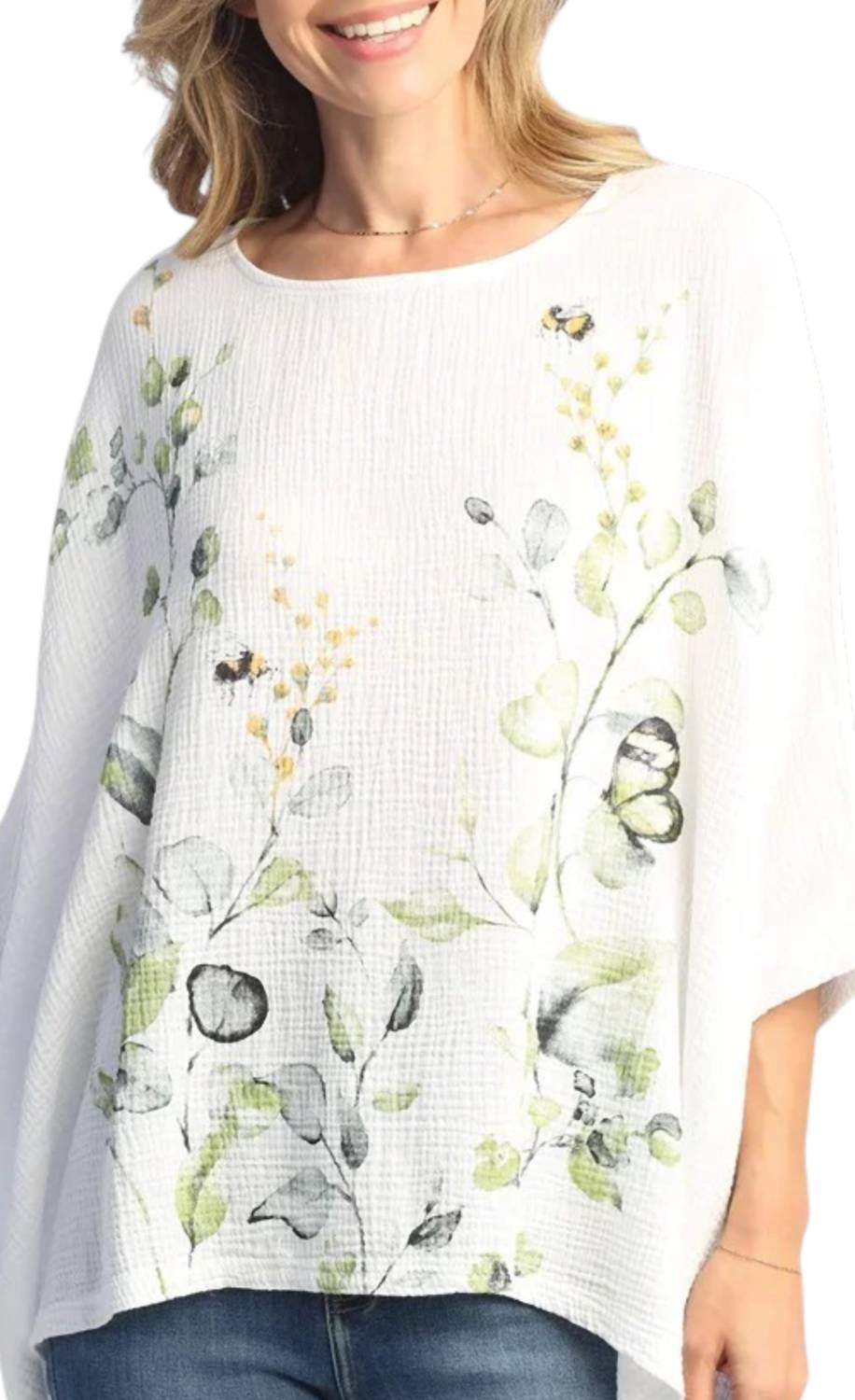 Jess & Jane Kelly Mineral Washed Double Gauze Poncho Top in white - women's sweater - detail view
