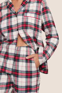 Eberjey Flannel Pajama Set in tartan plaid ivory holly red - women's sleepwear - alternate view