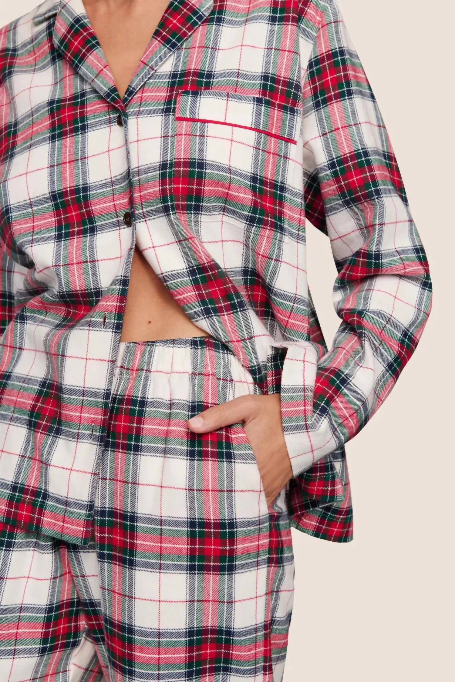 Eberjey Flannel Pajama Set in tartan plaid ivory holly red - women's sleepwear - alternate view