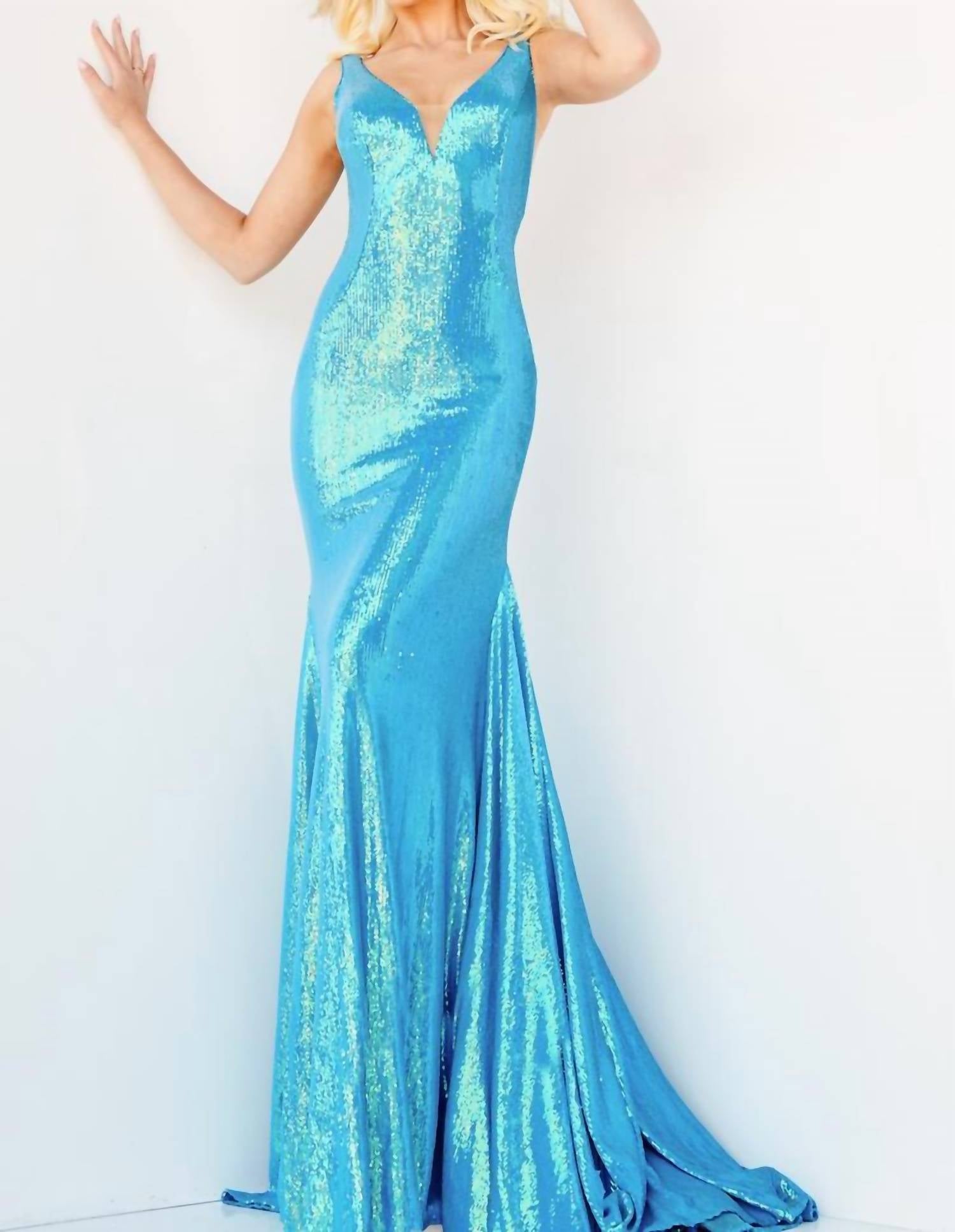 Jovani - Plunging Neckline Open V-back Dress