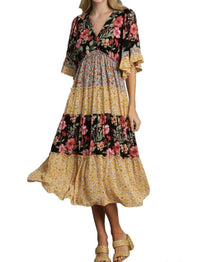Umgee - Mixed Floral Print Bohemian Midi Dress