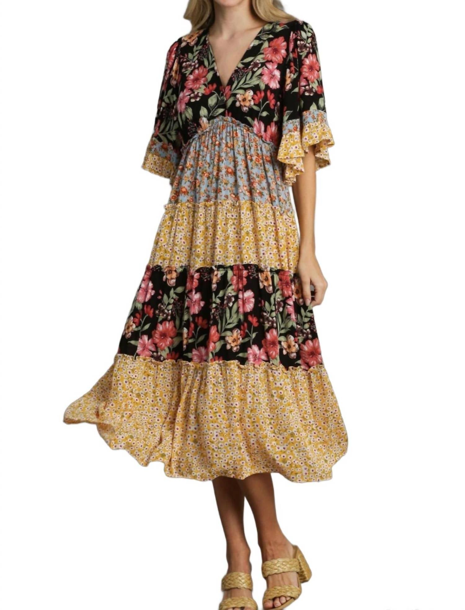Umgee - Mixed Floral Print Bohemian Midi Dress