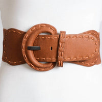 LETO Women's Distressed Wide Stitch Elastic Belt in camel brown - women's accessory