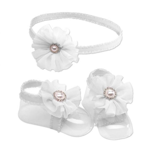 Cherished Moments - Baby Girls Barefoot Sandal And Set Headband