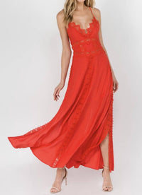 Fanco - Red Lace Backless Maxi Dress