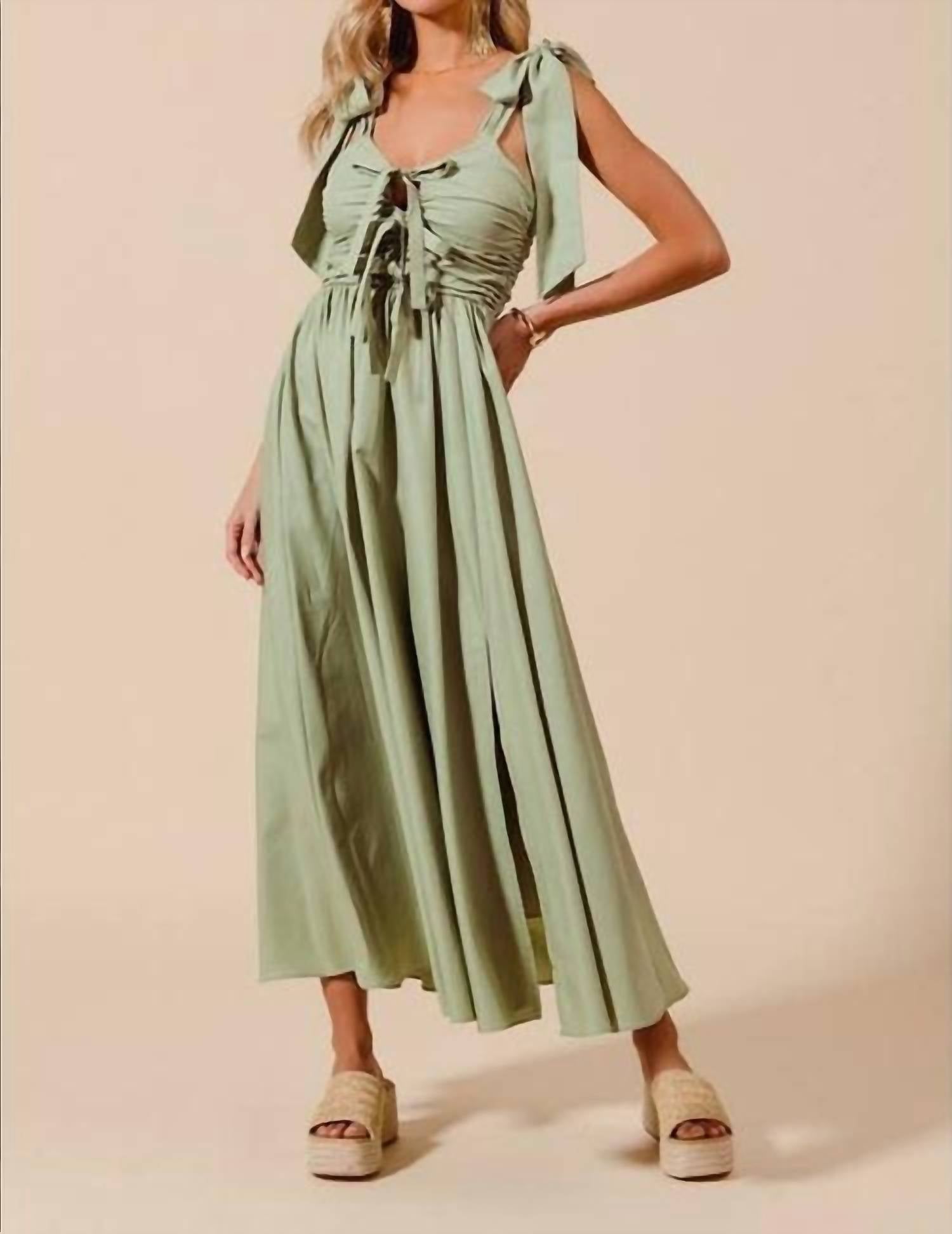 So Me Shirring Bow Tie Midi Dress in green - women's dress