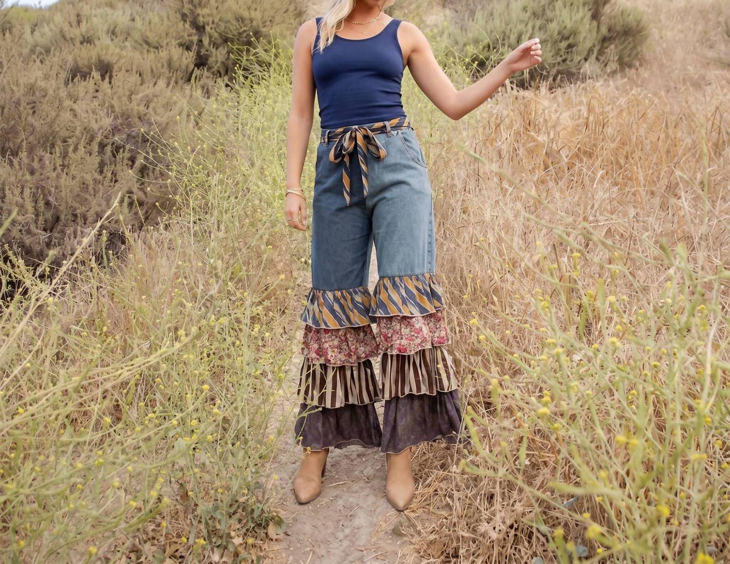 Young Threads - Denim Patchwork Ruffle Flare Pants With Belt