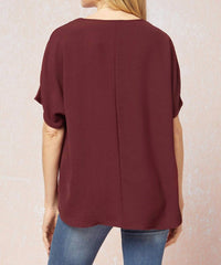 entro Solid V-neck Top in burgundy - women's blouse - detail view