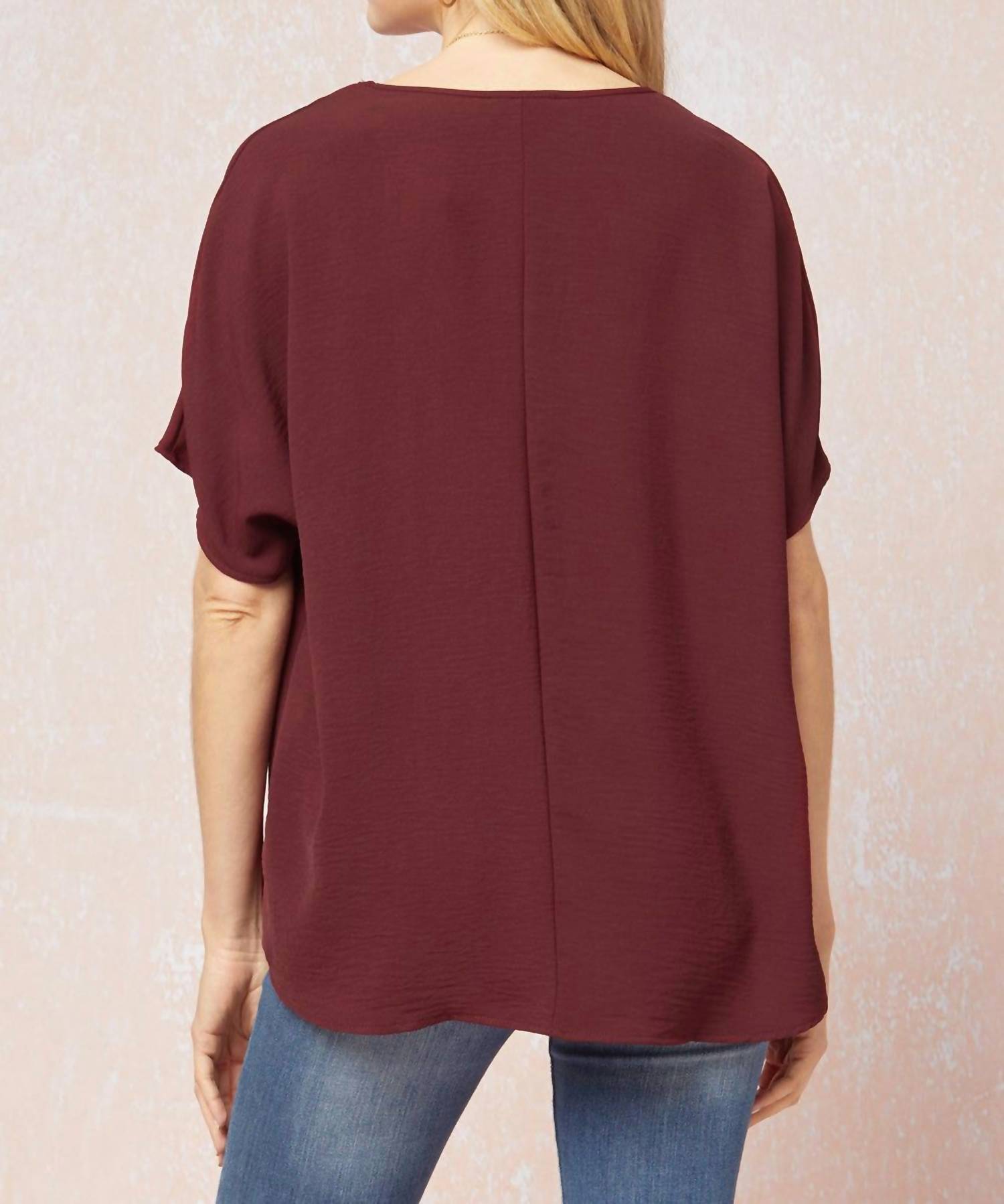 entro Solid V-neck Top in burgundy - women's blouse - detail view