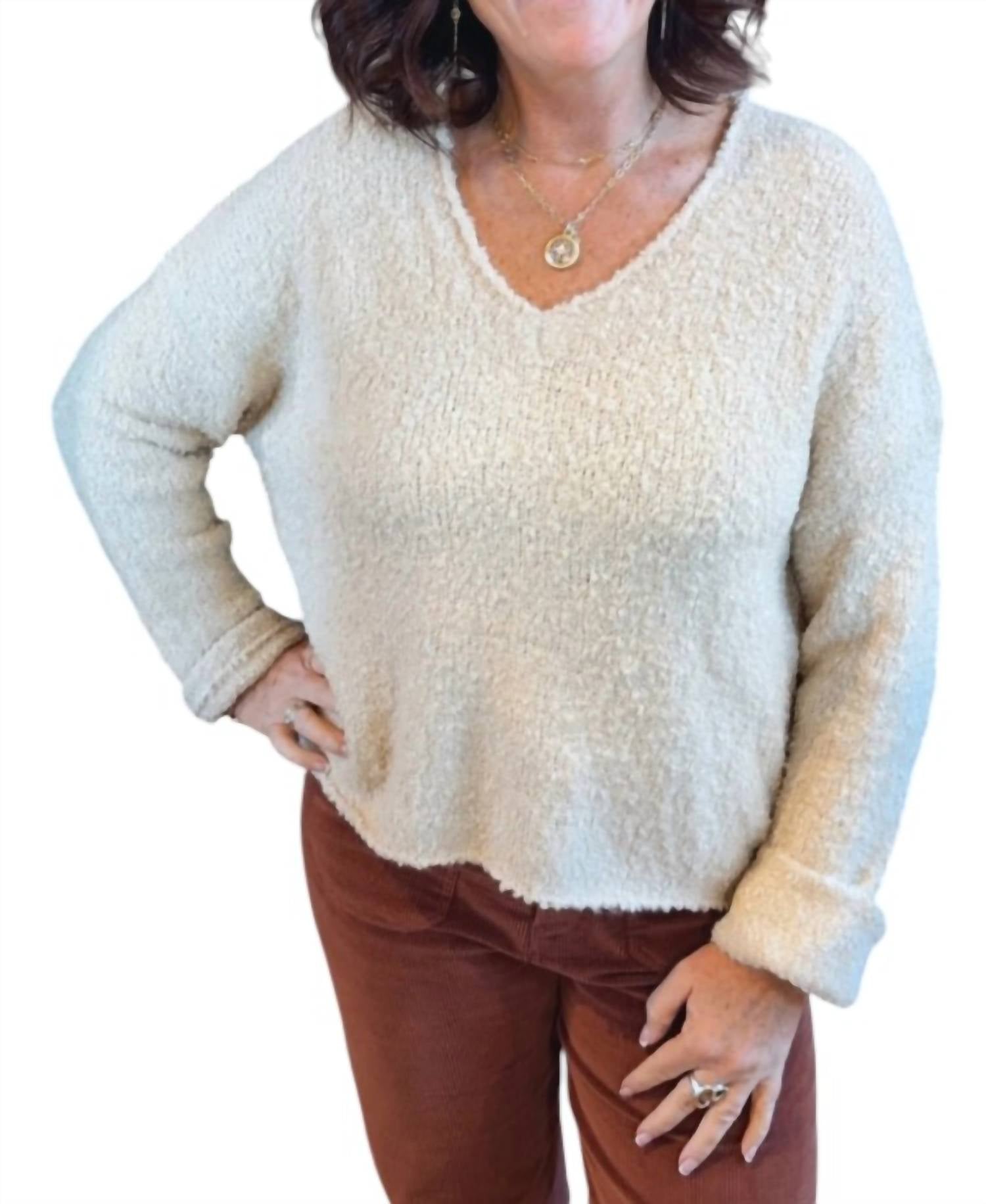 mododoc V-neck Boucle Sweater in swiss coffee - women's sweater