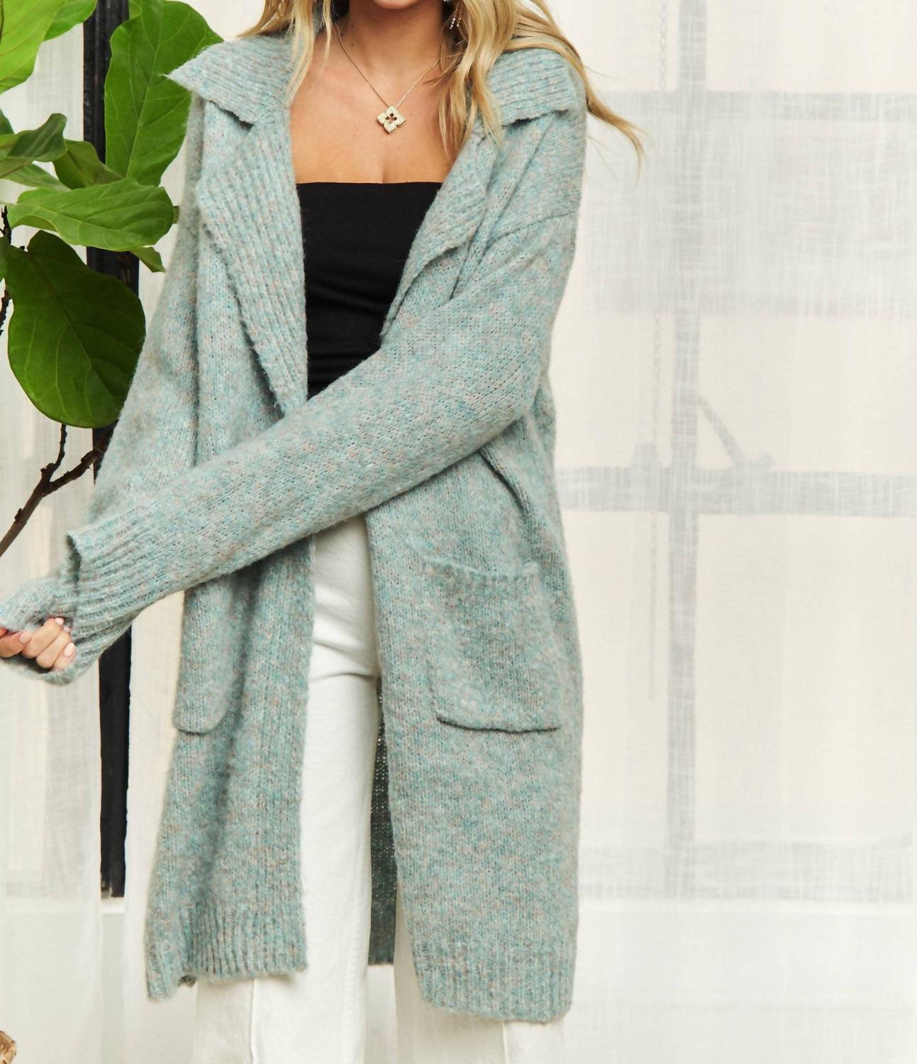 Madelyn Long Sleeve Sweater Pocket Cardigan Top in blue - women's sweater - detail view