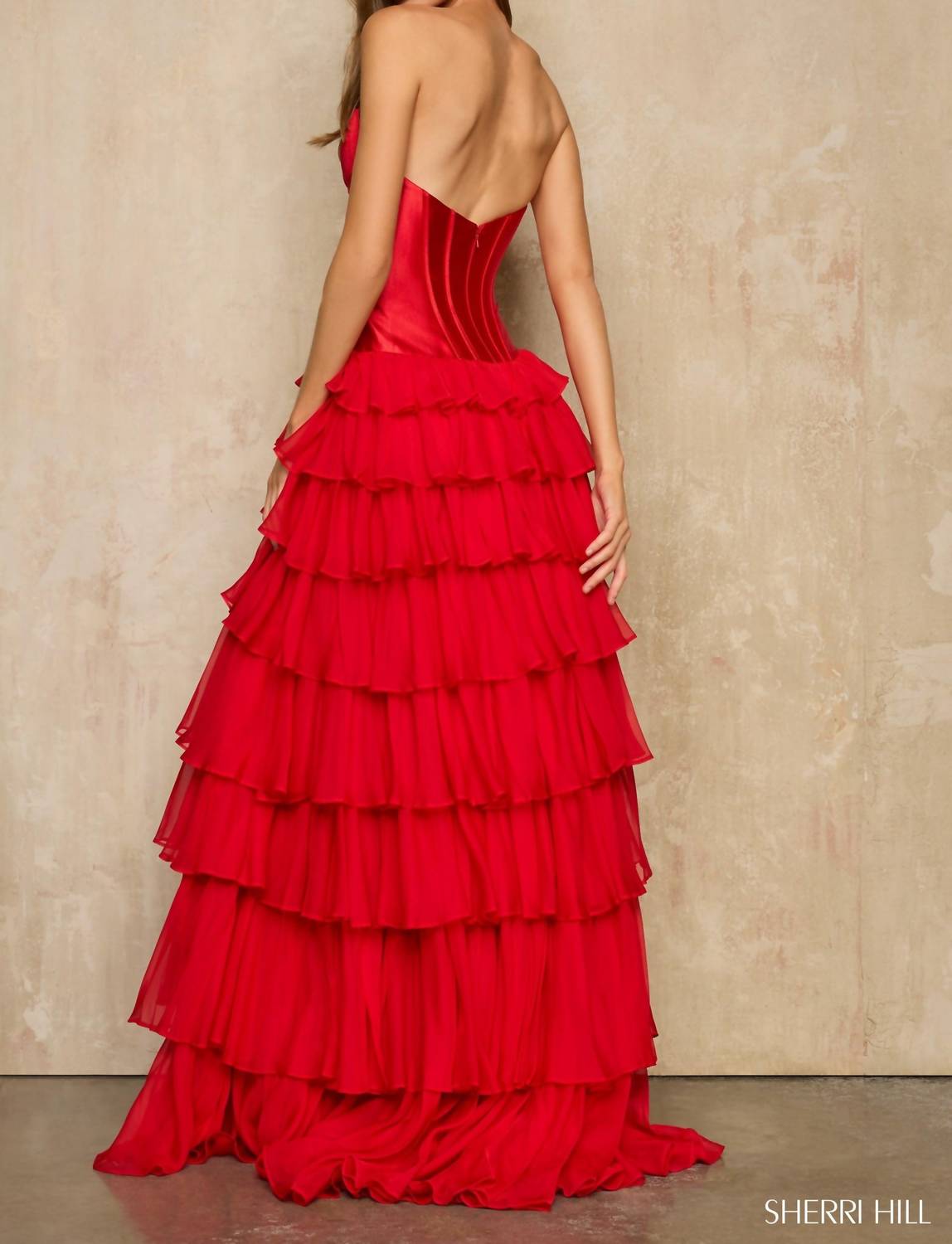 Sherri Hill Strapless Satin Corset Ball Gown in red - women's dress - detail view