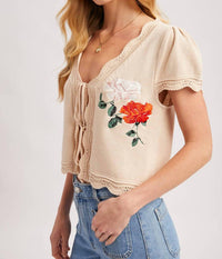 Bluivy - Women's Embroidered Cap Sleeve Open Front Self-tie Knit Top
