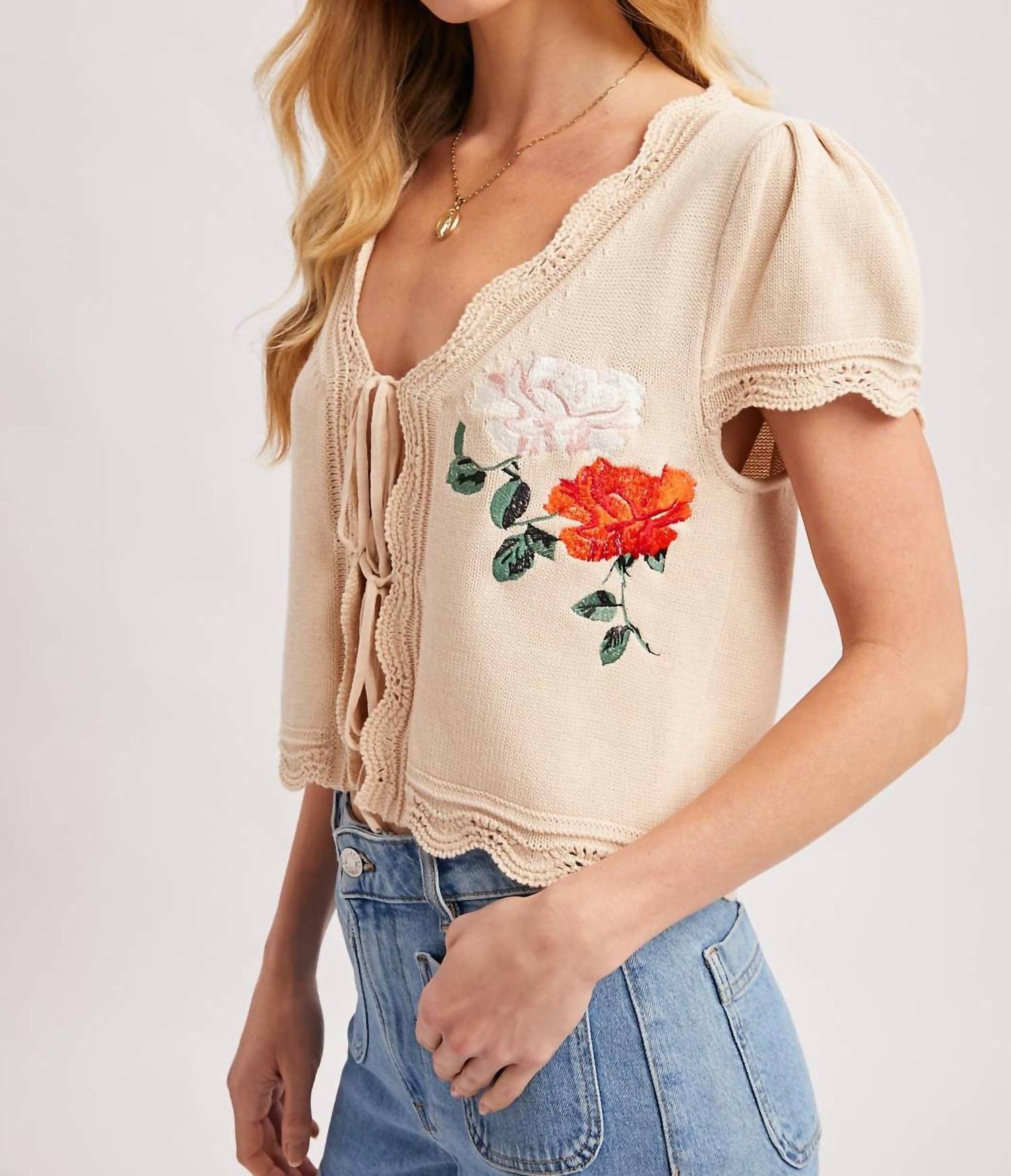 Bluivy - Women's Embroidered Cap Sleeve Open Front Self-tie Knit Top