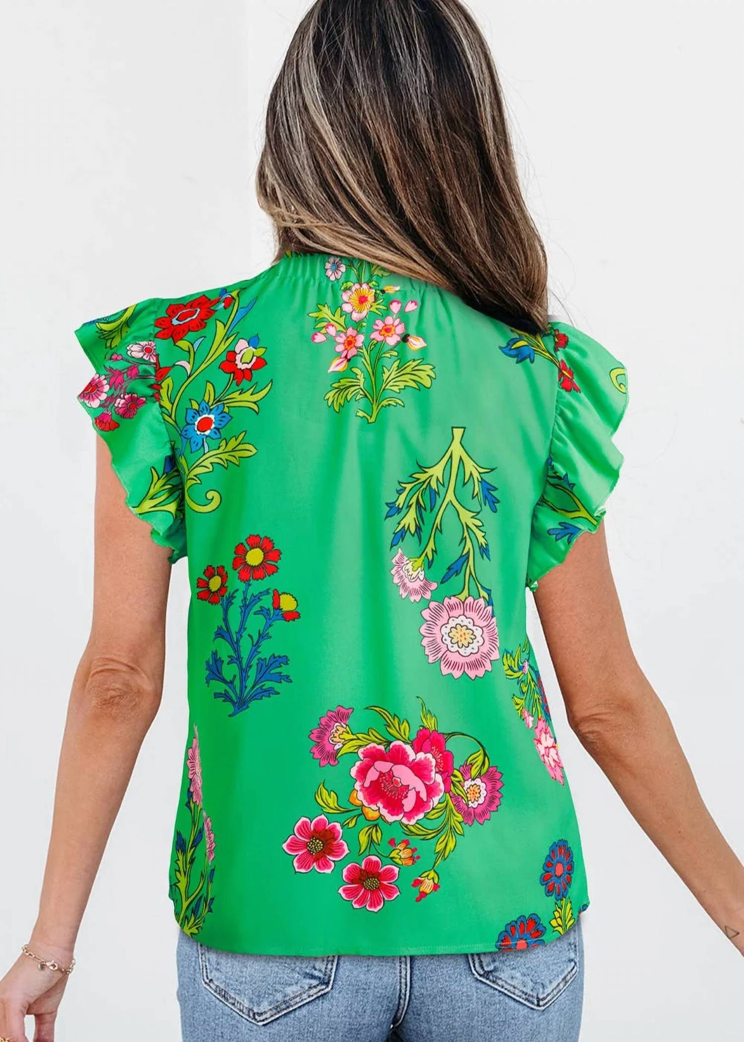 Aapparella - Chic Floral Print Frilly Mock Neck Blouse