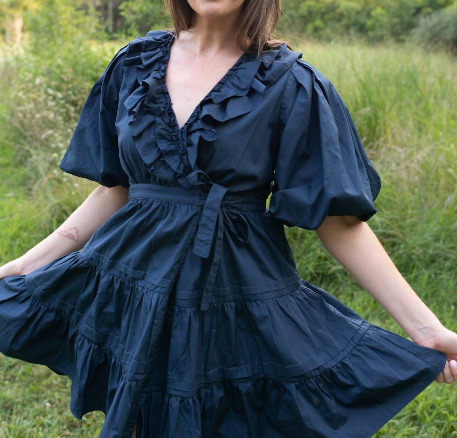 GiGiO Sunlit Garden Tiered Wrap Mini Dress in navy - women's dress - detail view