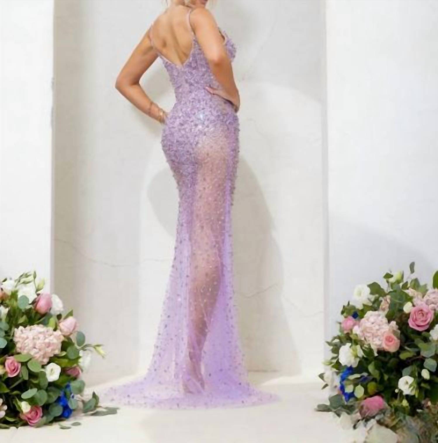 Terani Couture - Plunging Neckline Bodycon Sleeveless Tulle Long Prom Dress