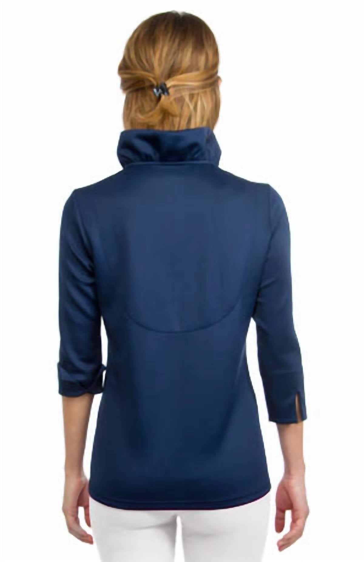GRETCHEN SCOTT Jersey Ruffneck Top in solid navy - women's blouse - alternate view