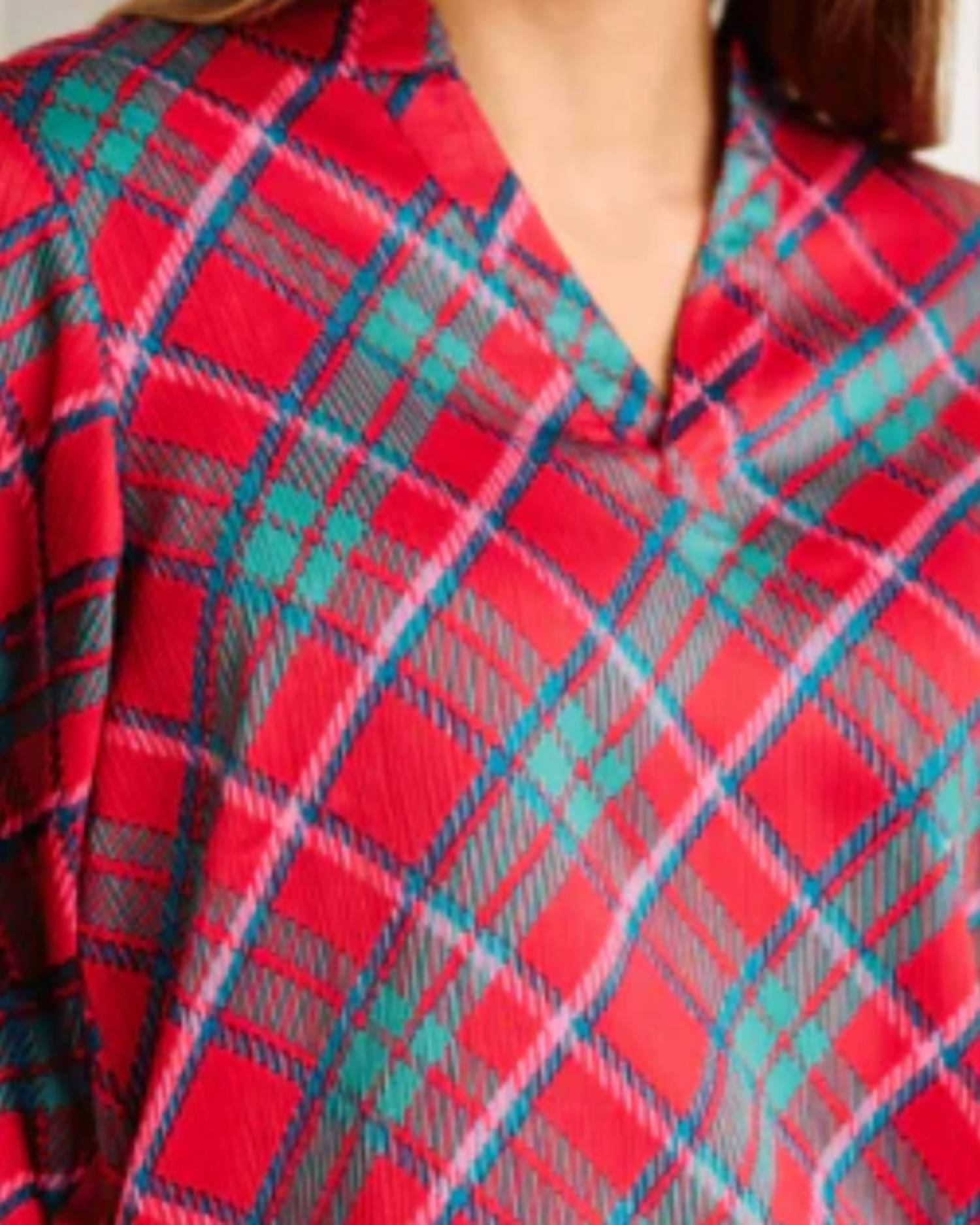 Mary Square Tamryn V-neck Top in plaid pink - women's blouse - detail view