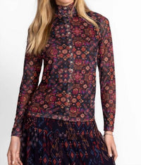 Johnny Was - MESH BUTTON UP MOCK NECK TOP