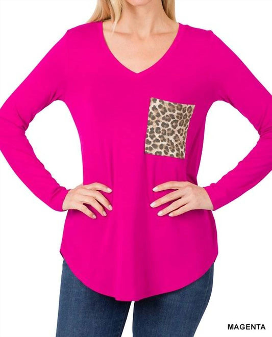 Zenana - Vneck Leopard Pocket Long Sleeve Top