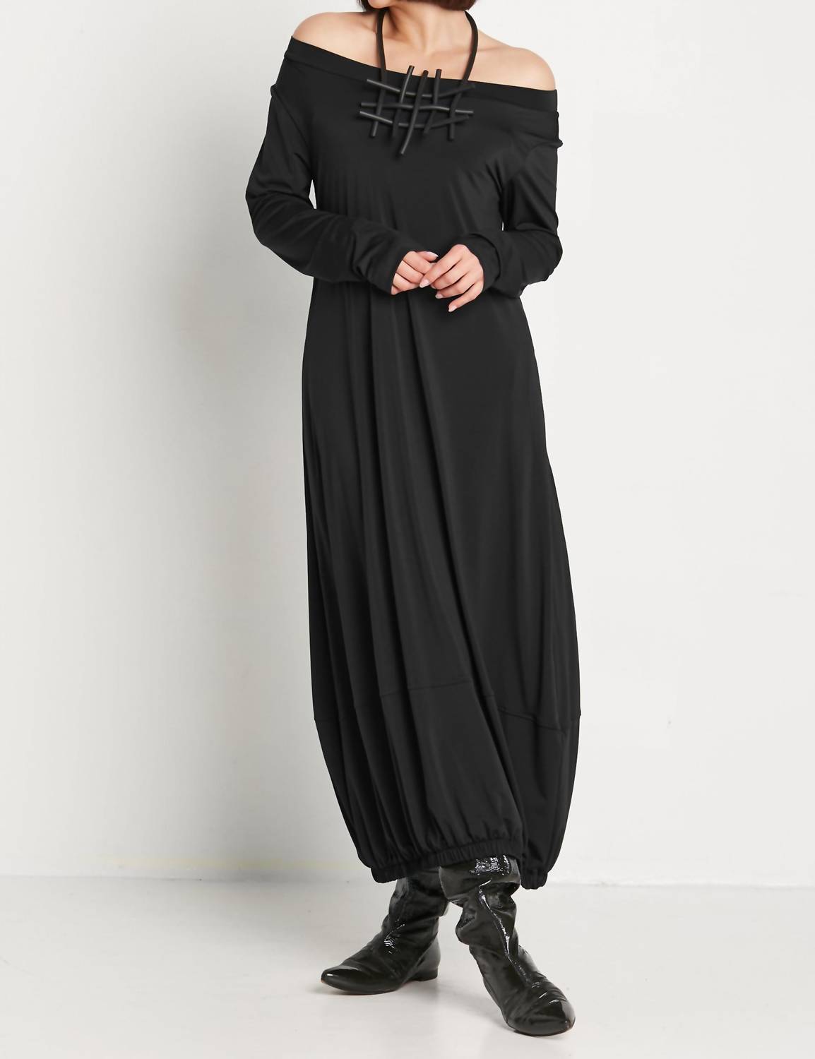PLANET by Lauren G. Matte Jersey Long Sleeve Lantern Dress in black - women's dress
