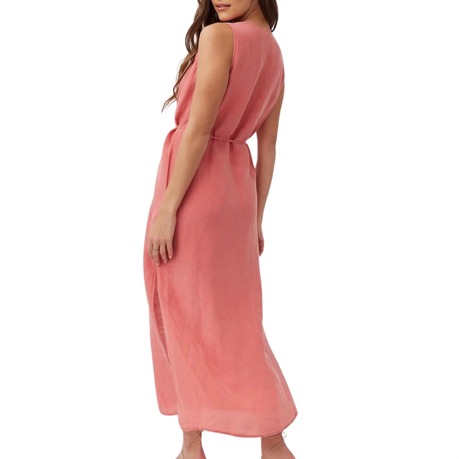 Bella Dahl Women's Sleeveless Belted Maxi Dress in safi coral - women's dress - detail view