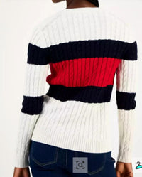 Tommy Hilfiger Leila Logo Crewneck Striped Sweater in red wht navy - women's sweater - detail view