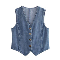 Sweetkama - Denim Solid V Neck Vest